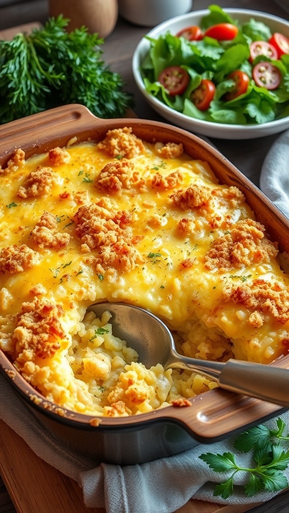 A golden-brown chicken and rice casserole topped with cheese and breadcrumbs in a baking dish, served in a cozy kitchen.